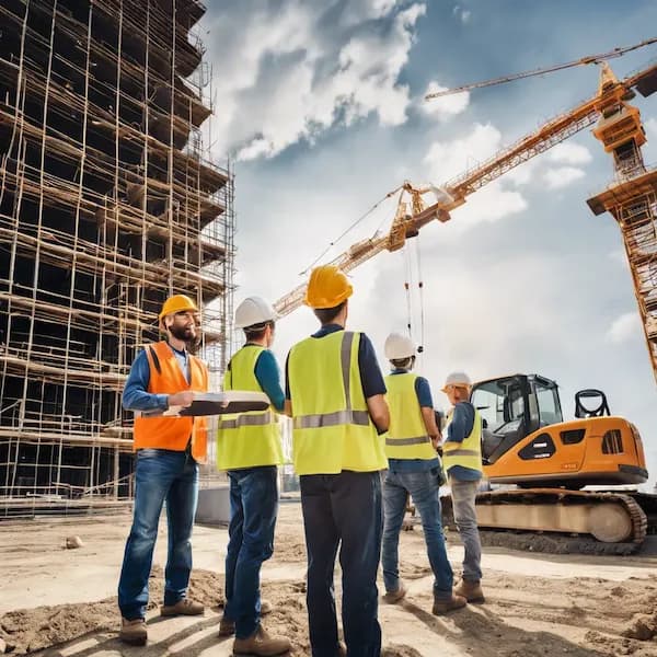 فريق من عمال البناء لابسين ملابس السلامة واقفين في موقع بناء، يتعاونون على مشروعهم الجاري.